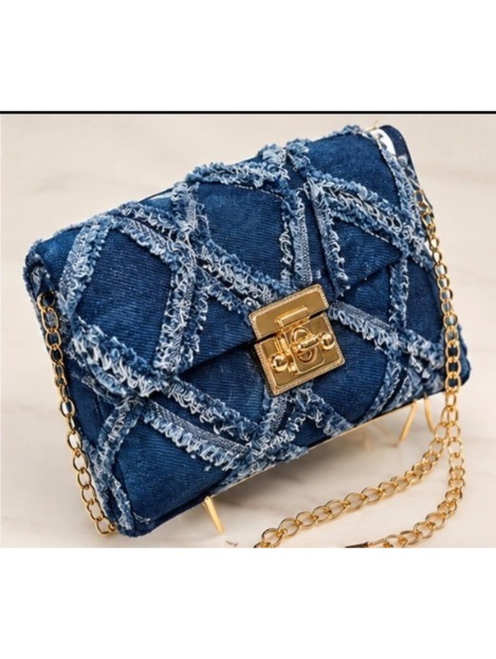 Blue Denim Quilted Crossbody Bag with Gold Chain and Turn Lock Closure